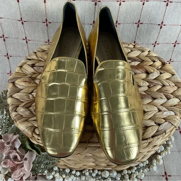 SCHUTZ “Flor” Metallic Gold Leather Crocodile Embossed Loafer Flats Size 6 New - Picture 3 of 8